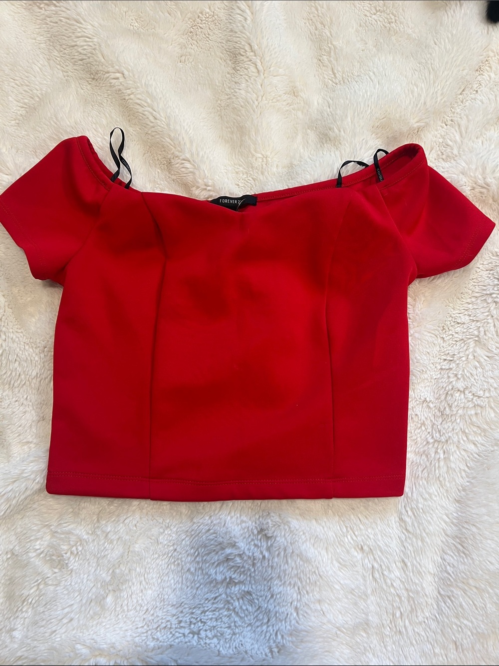 Forever 21 Red Off-Shoulder Crop Top with Short Sleeves